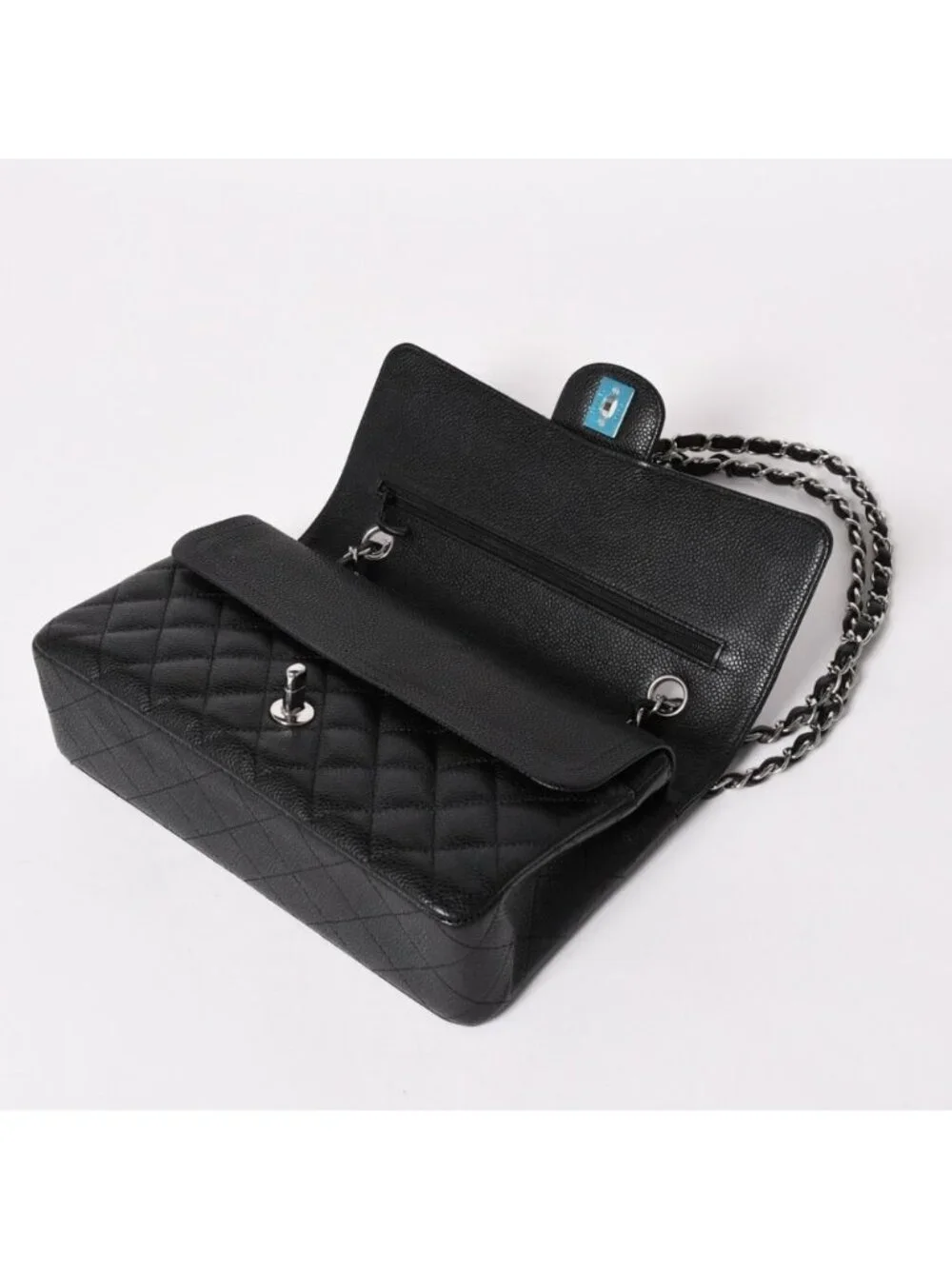 Chanel Quilted 25 Double Flap Chain Shoulder Bag CC Logo Caviar Leather Black
